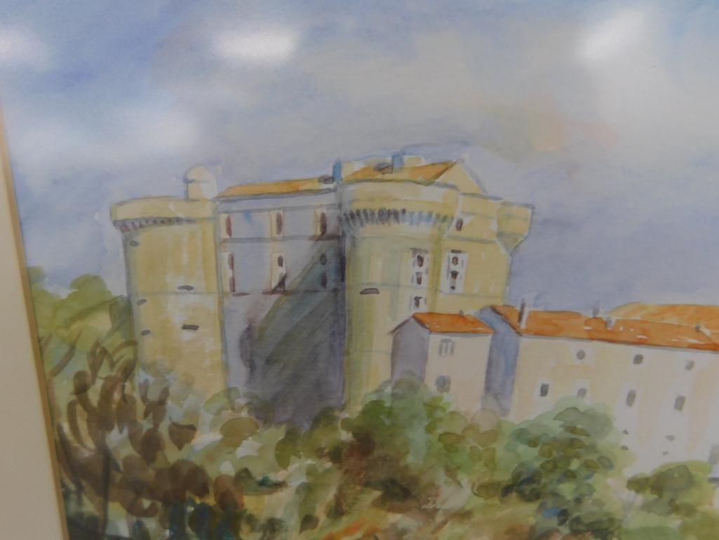 Framed Watercolor - Signed - Mediterranean Coastal Town - 19.5" x 25.5" - 3