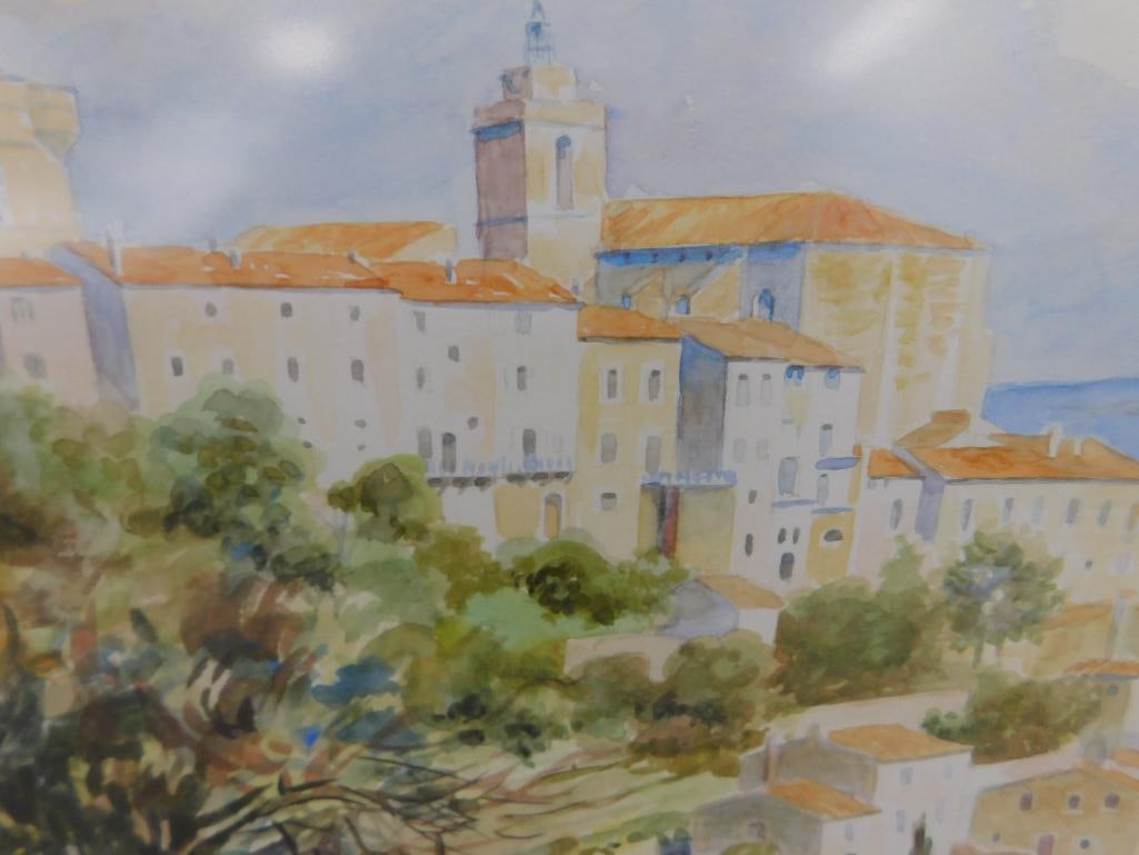 Framed Watercolor - Signed - Mediterranean Coastal Town - 19.5" x 25.5" - 4