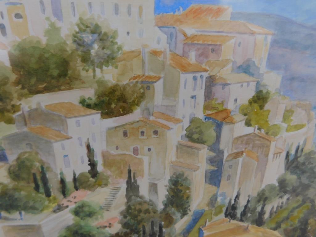 Framed Watercolor - Signed - Mediterranean Coastal Town - 19.5" x 25.5" - 5
