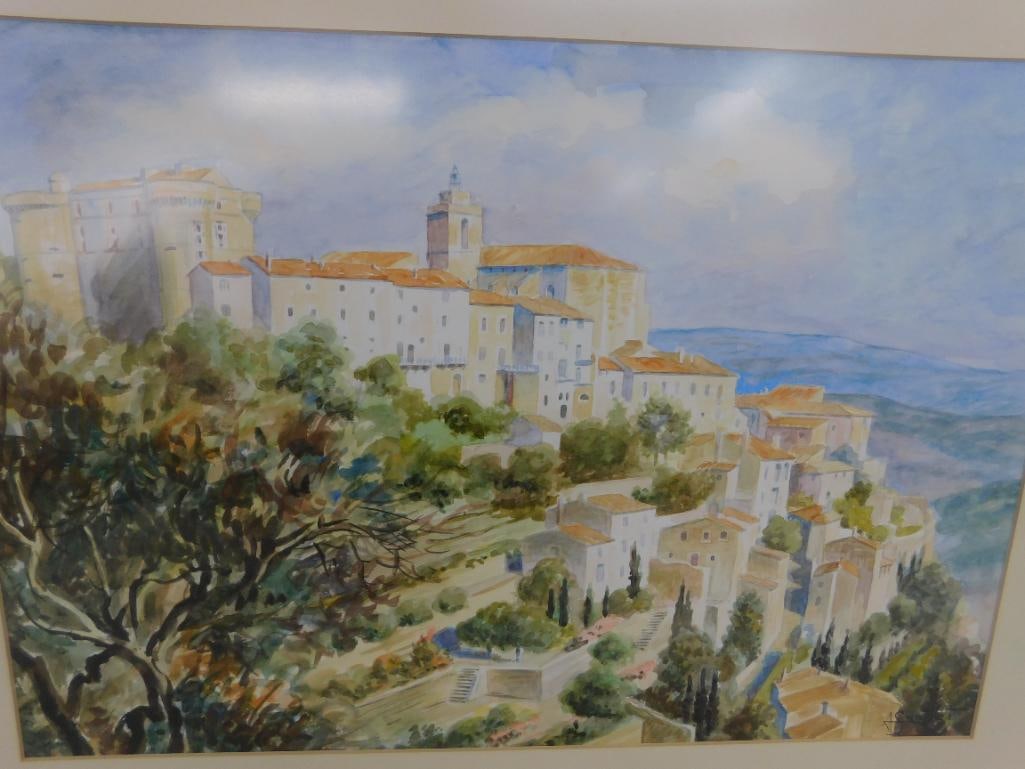 Framed Watercolor - Signed - Mediterranean Coastal Town - 19.5" x 25.5" - 8