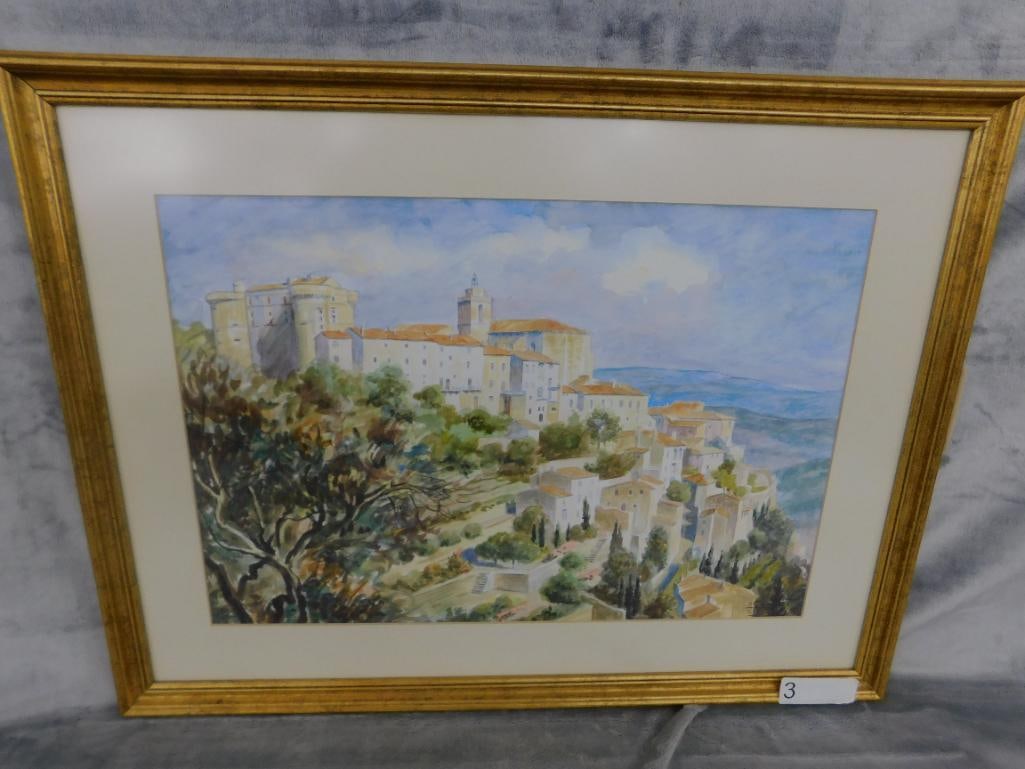 Framed Watercolor - Signed - Mediterranean Coastal Town - 19.5" x 25.5" - 9