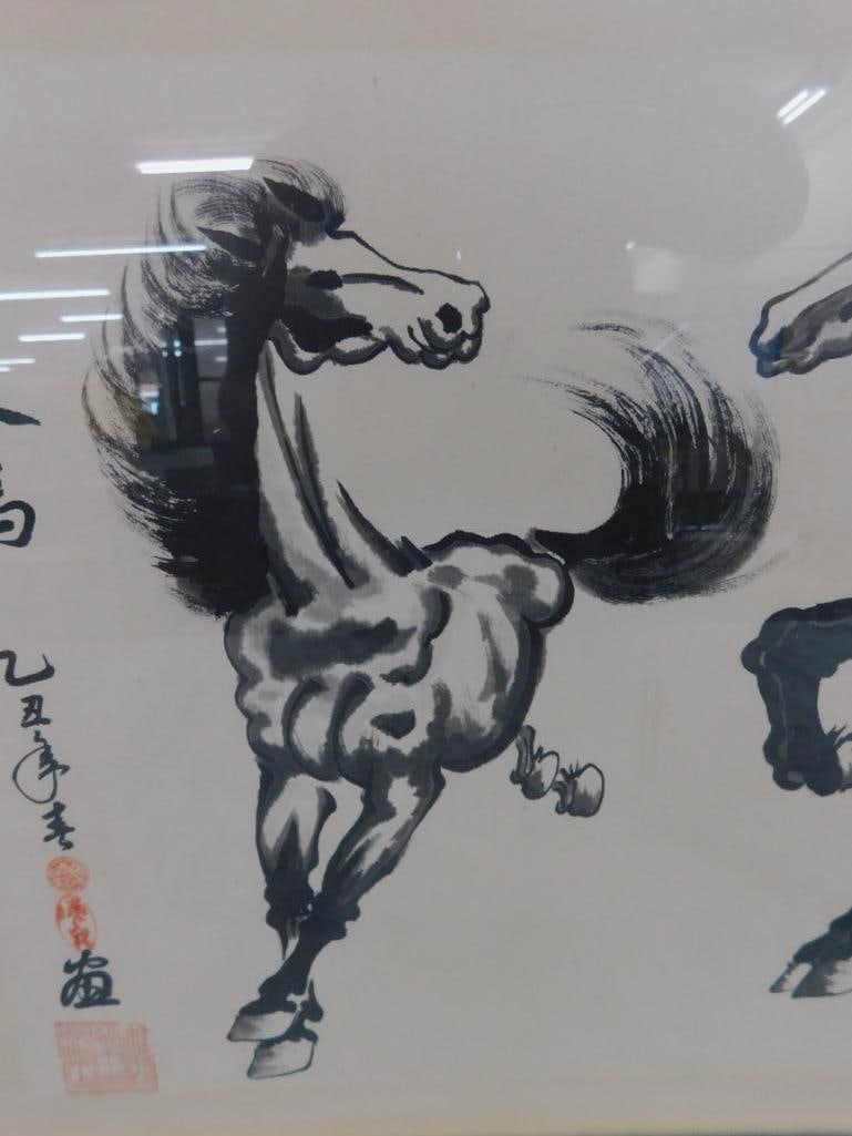 Framed Chinese Watercolor - Horses - Signed - 16" x 32.5" - 2