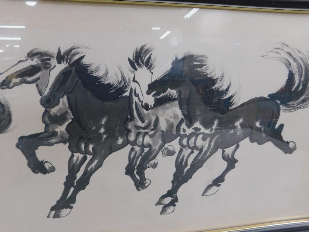 Framed Chinese Watercolor - Horses - Signed - 16" x 32.5" - 3