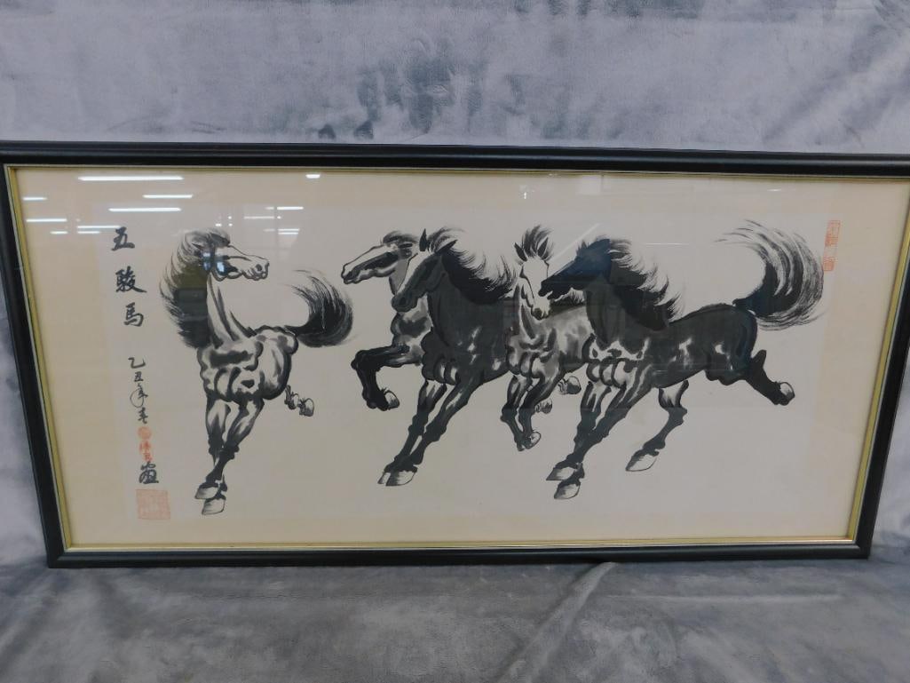 Framed Chinese Watercolor - Horses - Signed - 16" x 32.5" - 7