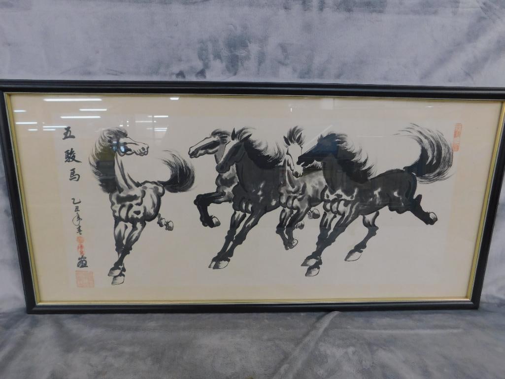 Framed Chinese Watercolor - Horses - Signed - 16" x 32.5" - 8