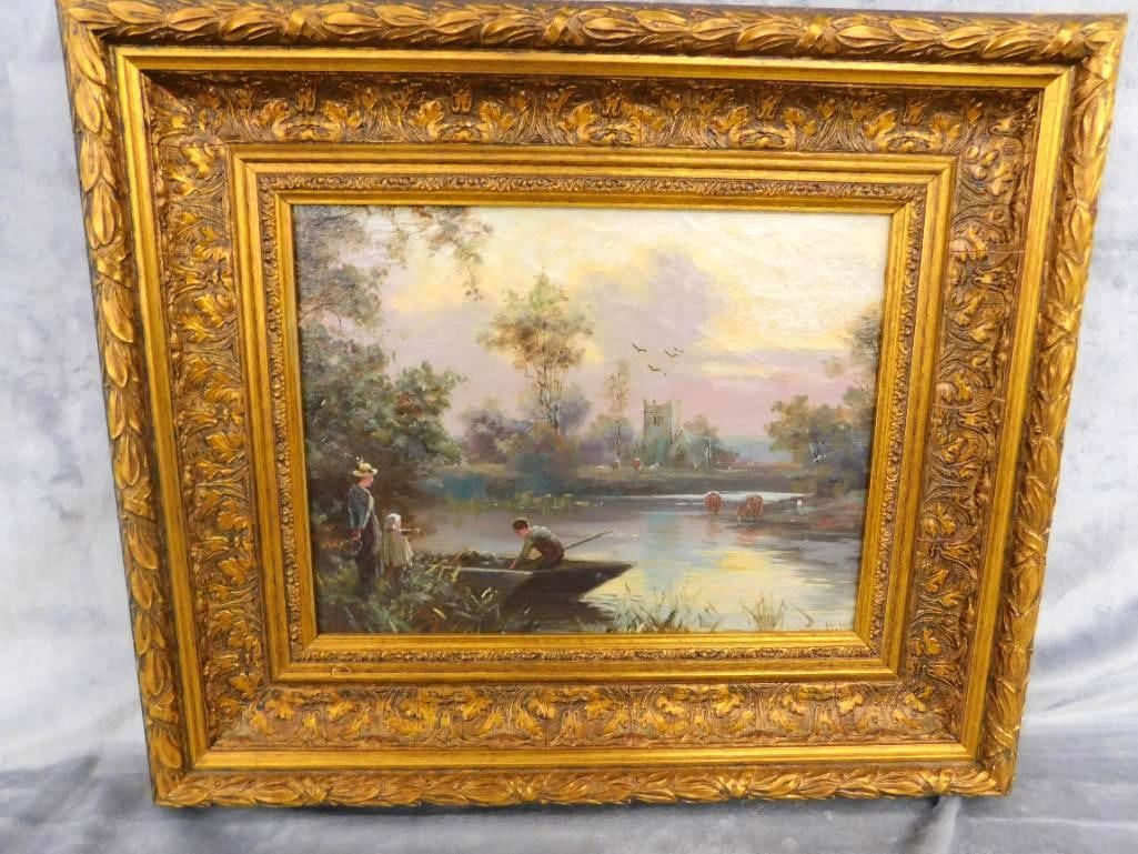 19th Century Oil on Board - Henry Martin - English Landscape - Gilded Ornate Frame: 17" x 20" - See Photos For Condition and Details