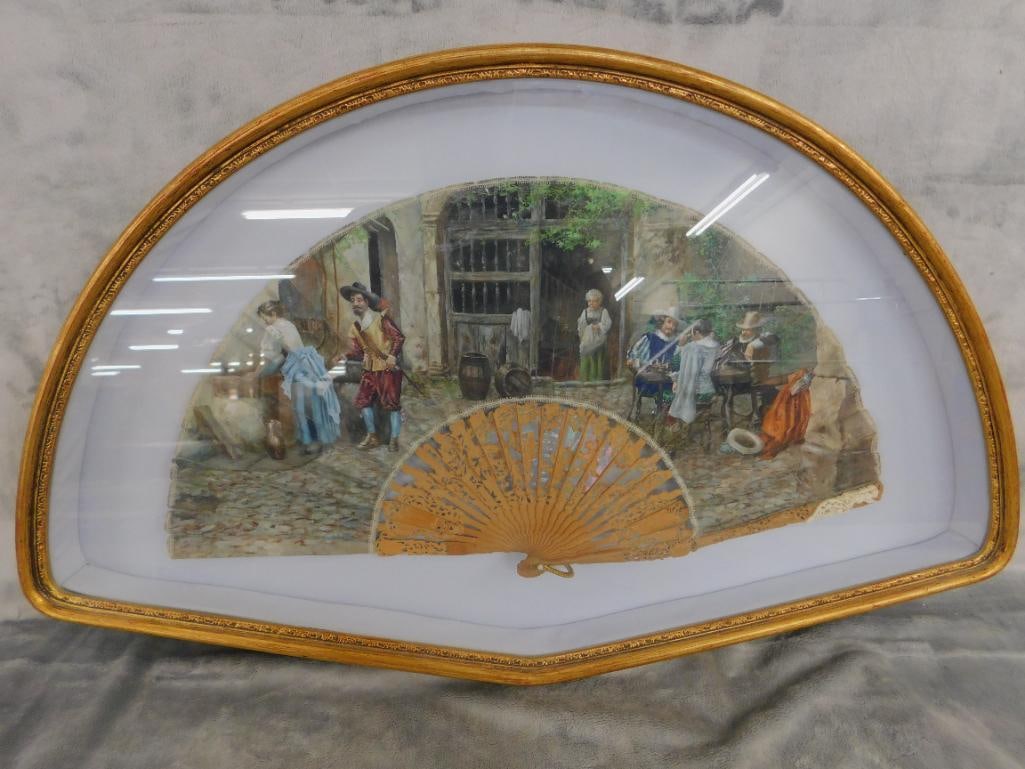 Vintage Hand Painted and Carved Fan - Framed - 16" x 25.5" x 2" - 10