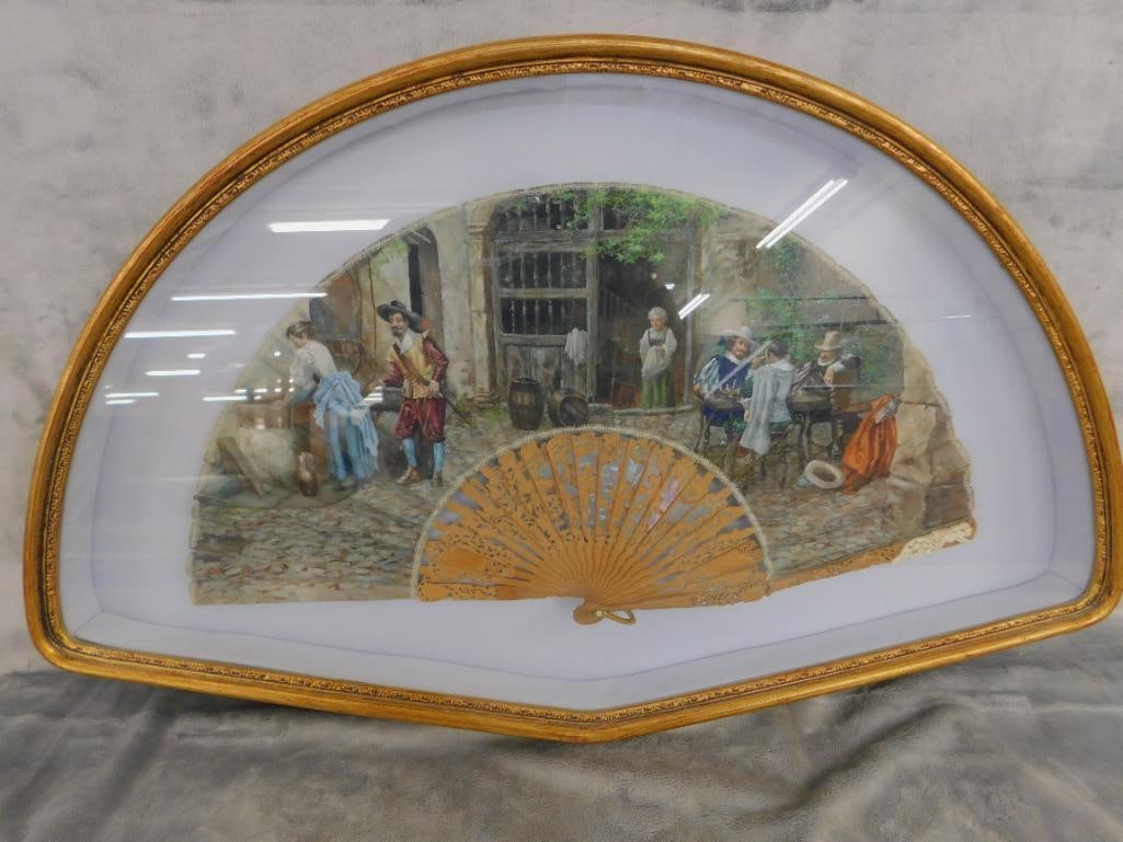 Vintage Hand Painted and Carved Fan - Framed - 16" x 25.5" x 2" - 11