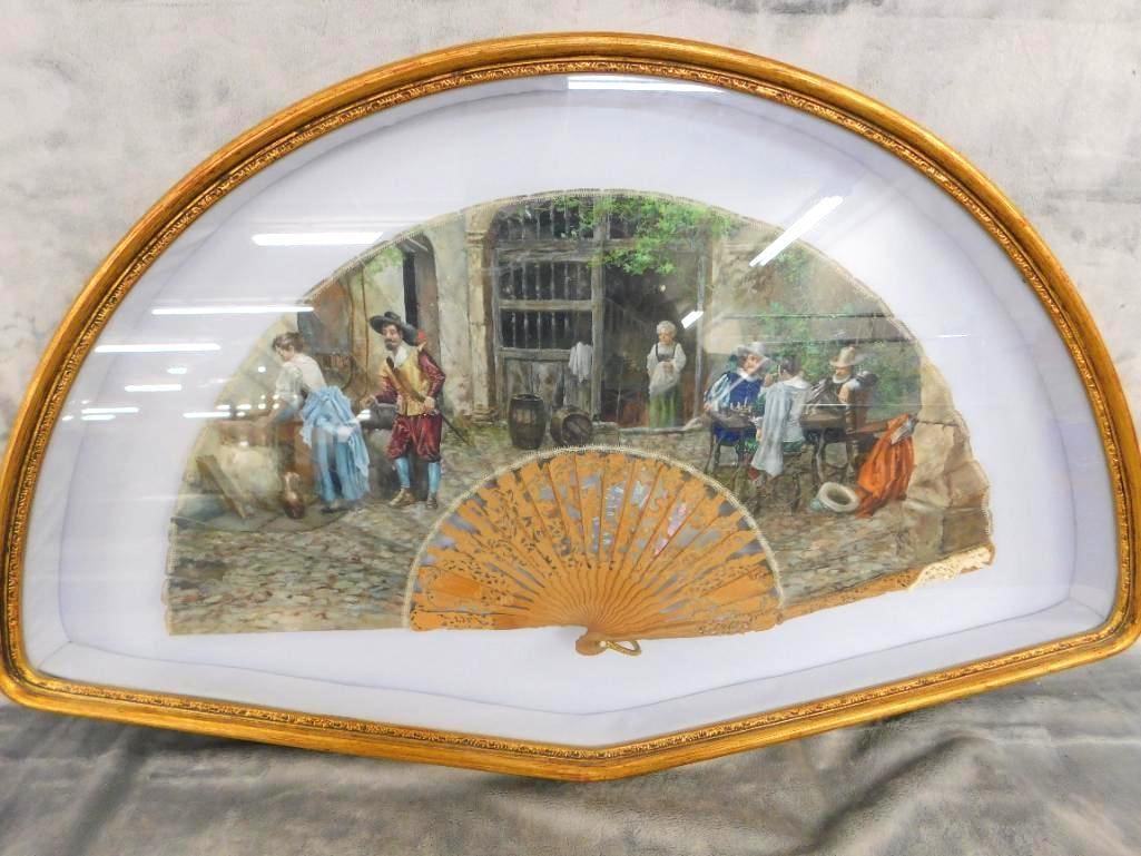Vintage Hand Painted and Carved Fan - Framed - 16" x 25.5" x 2": See Photos For Condition and Details