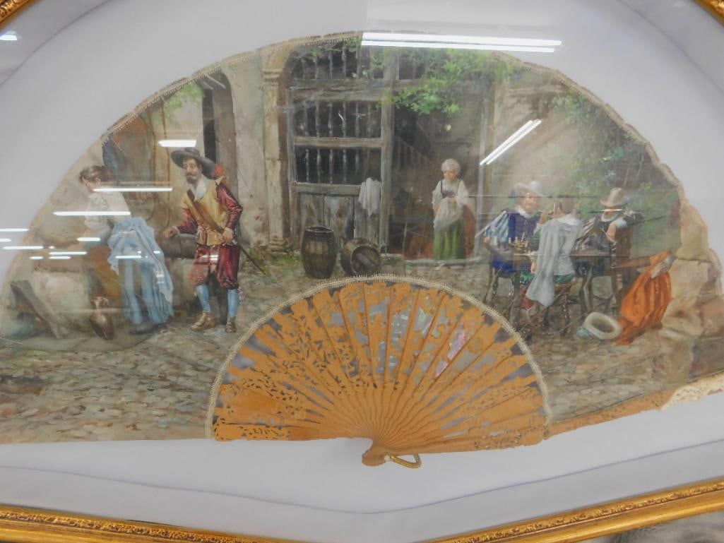 Vintage Hand Painted and Carved Fan - Framed - 16" x 25.5" x 2" - 2