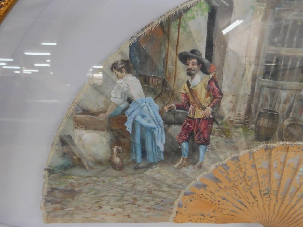 Vintage Hand Painted and Carved Fan - Framed - 16" x 25.5" x 2" - 3