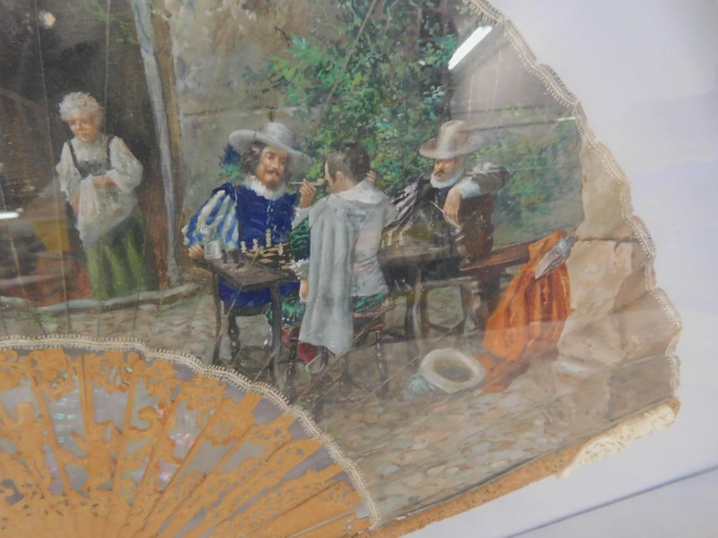 Vintage Hand Painted and Carved Fan - Framed - 16" x 25.5" x 2" - 5