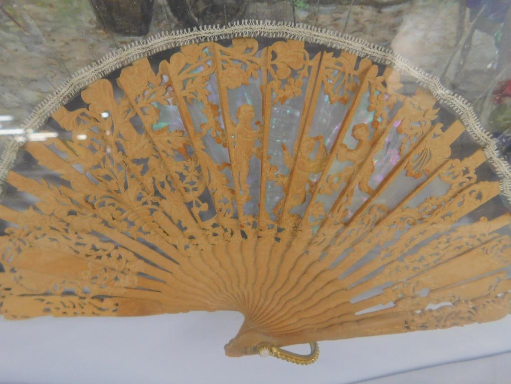 Vintage Hand Painted and Carved Fan - Framed - 16" x 25.5" x 2" - 6