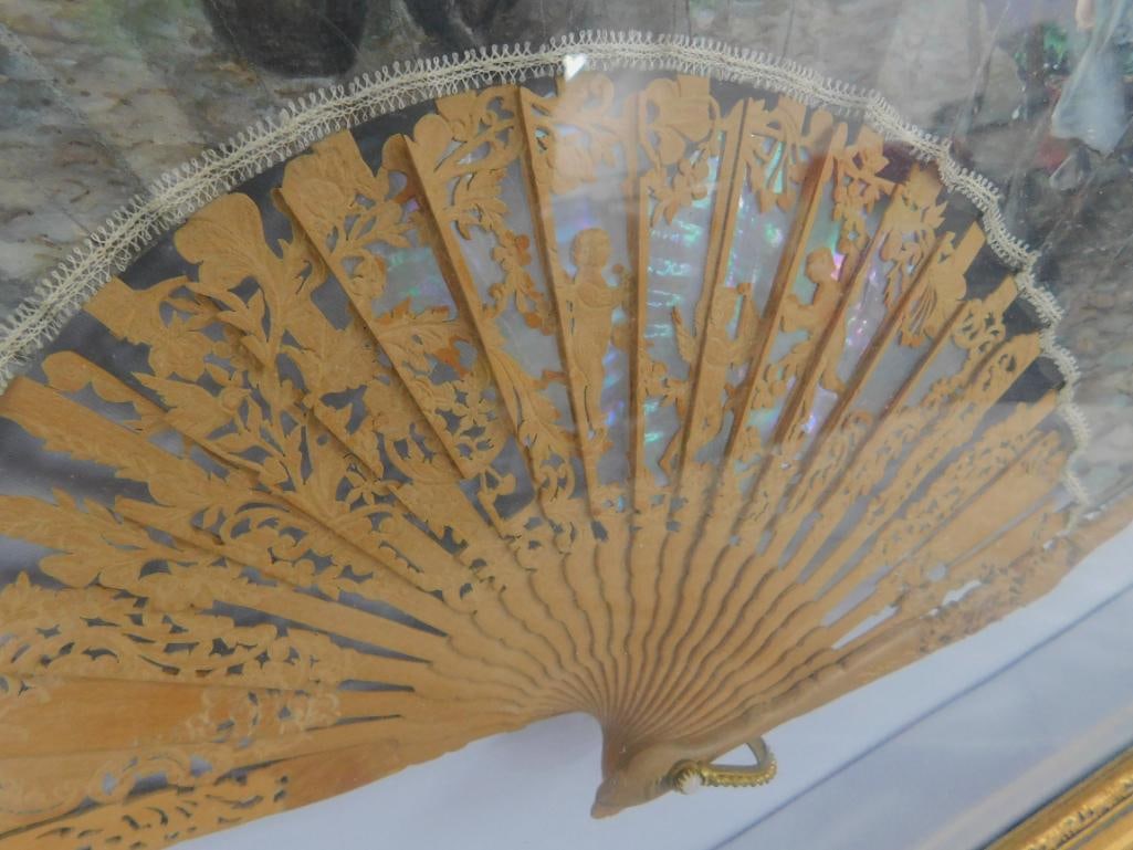 Vintage Hand Painted and Carved Fan - Framed - 16" x 25.5" x 2" - 7