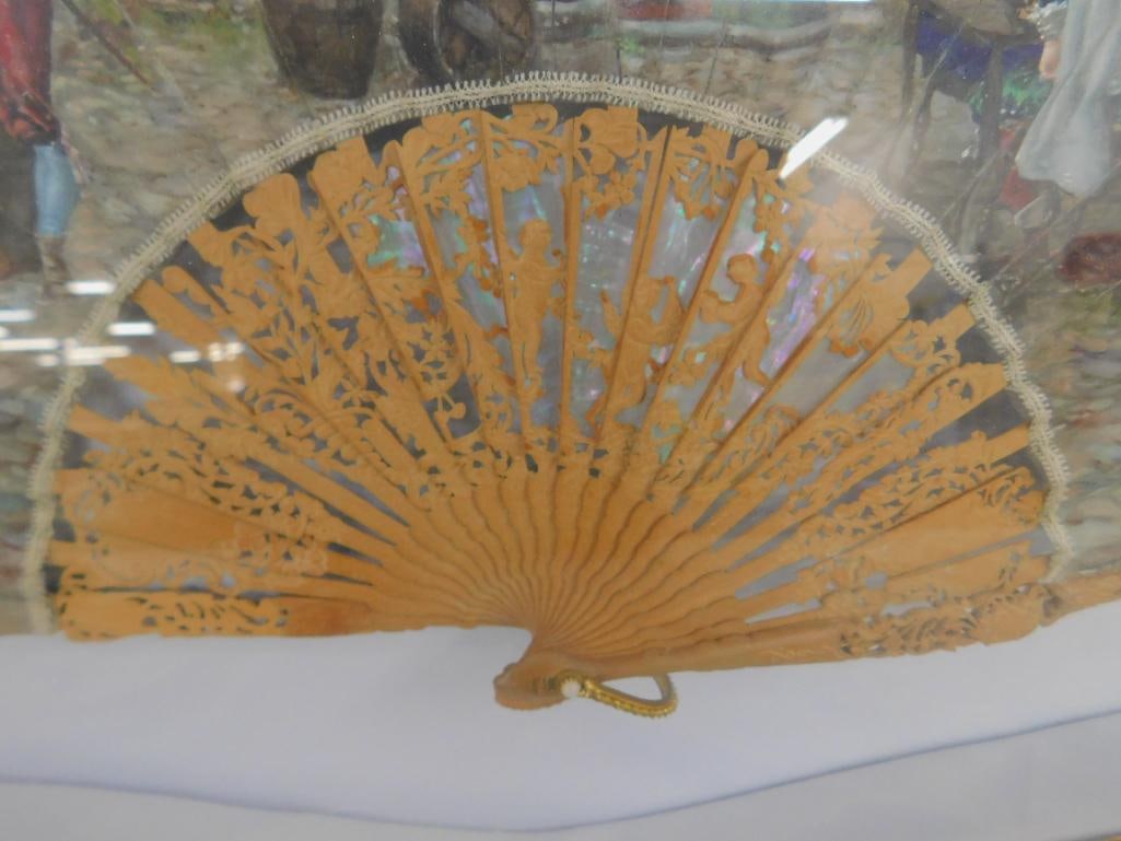 Vintage Hand Painted and Carved Fan - Framed - 16" x 25.5" x 2" - 8