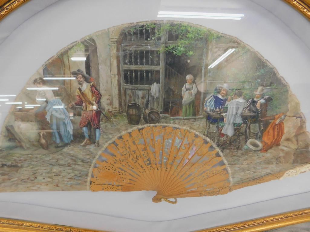 Vintage Hand Painted and Carved Fan - Framed - 16" x 25.5" x 2" - 9