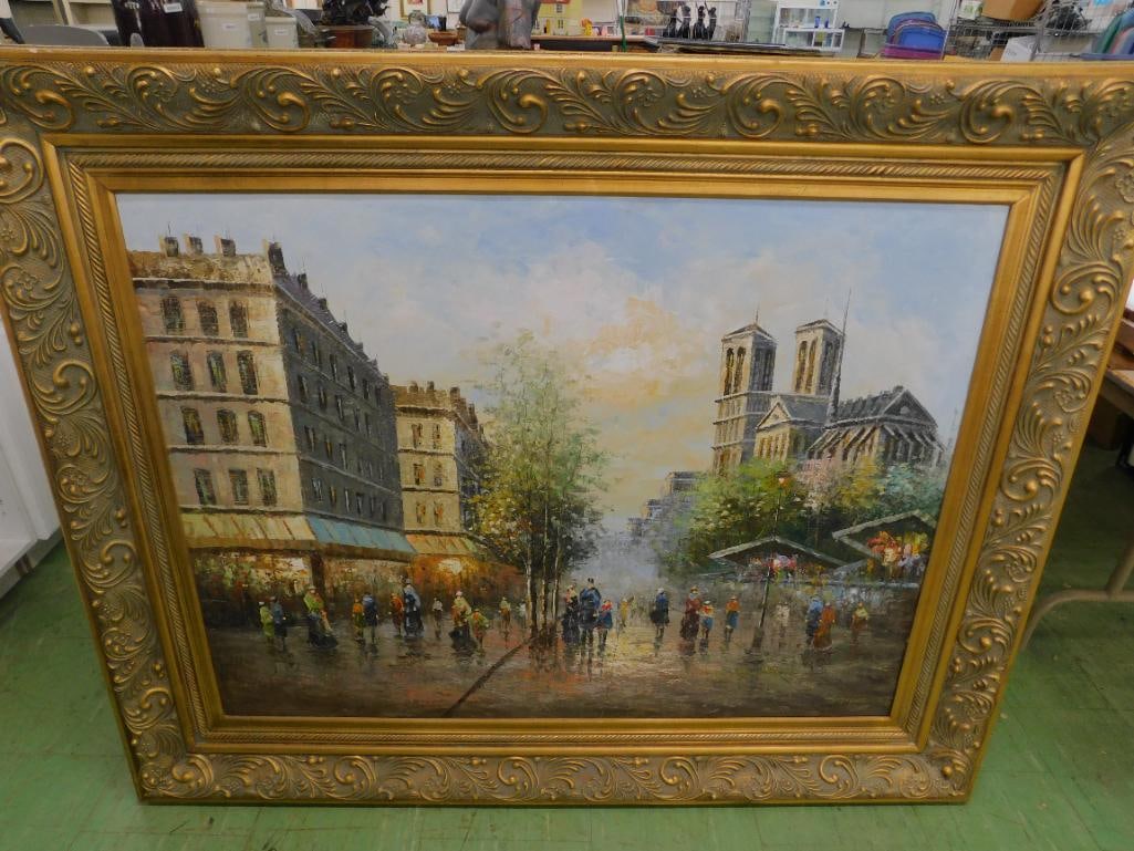 Modern Oil on Canvas - Signed Stevens - Paris City Scape - Ornate Frame - 50" x 61.5" - 10