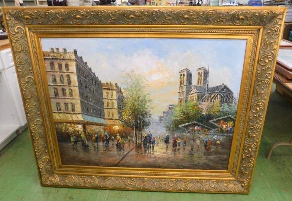 Modern Oil on Canvas - Signed Stevens - Paris City Scape - Ornate Frame - 50" x 61.5": See Photos For Condition and Details