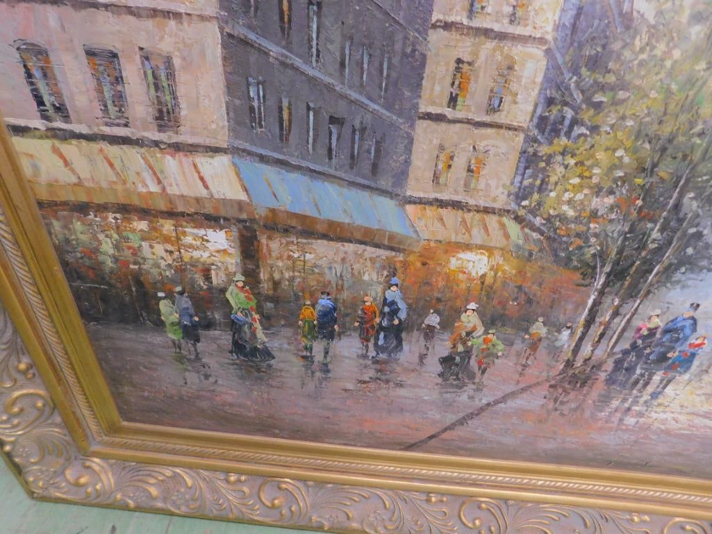 Modern Oil on Canvas - Signed Stevens - Paris City Scape - Ornate Frame - 50" x 61.5" - 3
