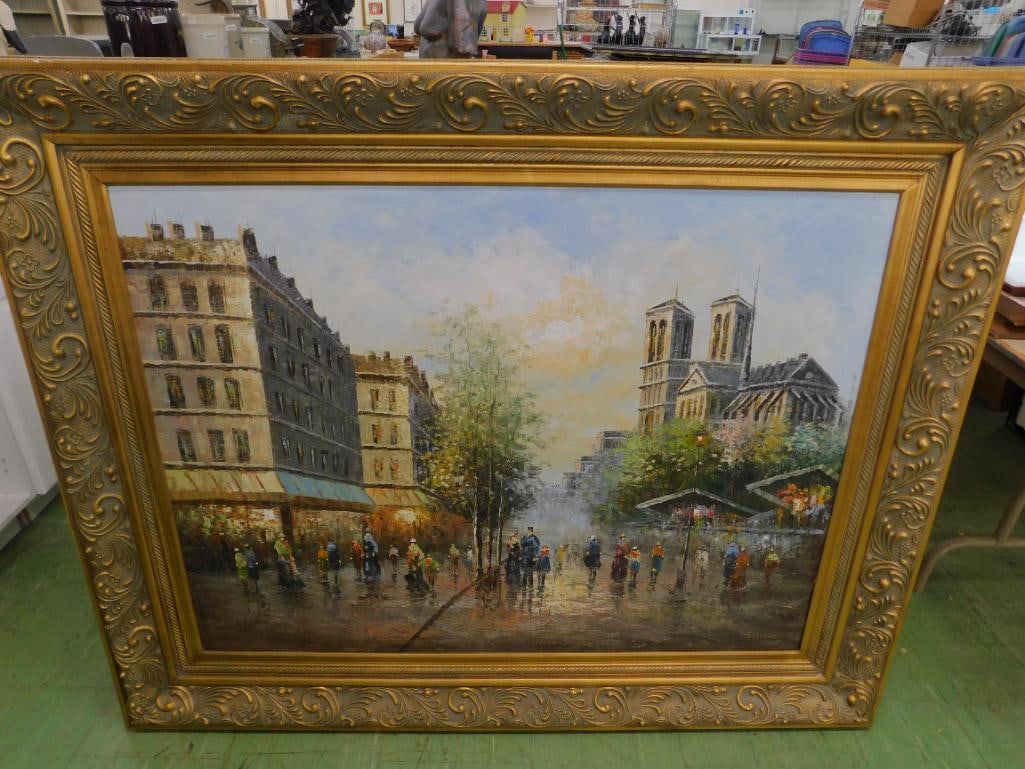 Modern Oil on Canvas - Signed Stevens - Paris City Scape - Ornate Frame - 50" x 61.5" - 9