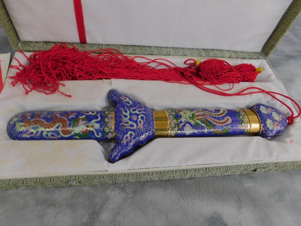 Ceremonial Chinese Collapsible Cloisonne Sword - 39.5" Long Open - Original Box - 14