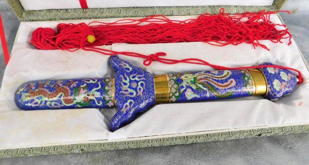Ceremonial Chinese Collapsible Cloisonne Sword - 39.5" Long Open - Original Box: See Photos For Condition and Details