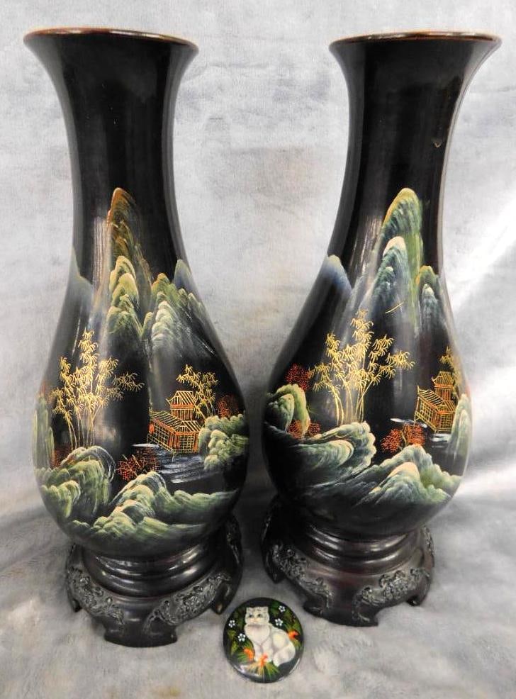 Pair of Japanese Lacquer Wood Hand Painted 13" Vases on Rosewood Stands (1 of 12)