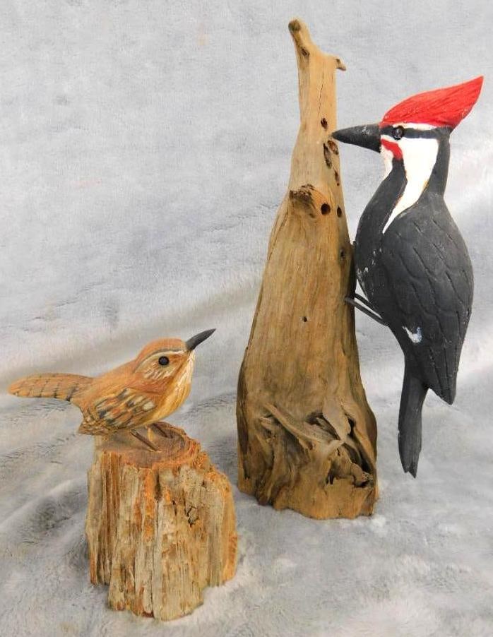 Pair of John Cowden Carved Wood Figures - Woodpecker - Wren - 6.5" and 4" Tall: See Photos For Condition and Details
