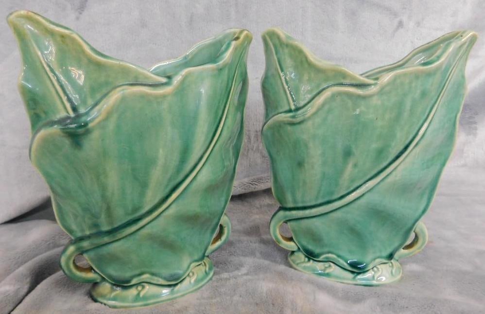 Pair of Matching Vintage Pottery Vases - Green Glaze - Signed Brushed USA 604: Each 7.5" x 6" x 3.5" - See Photos For Condition and Details