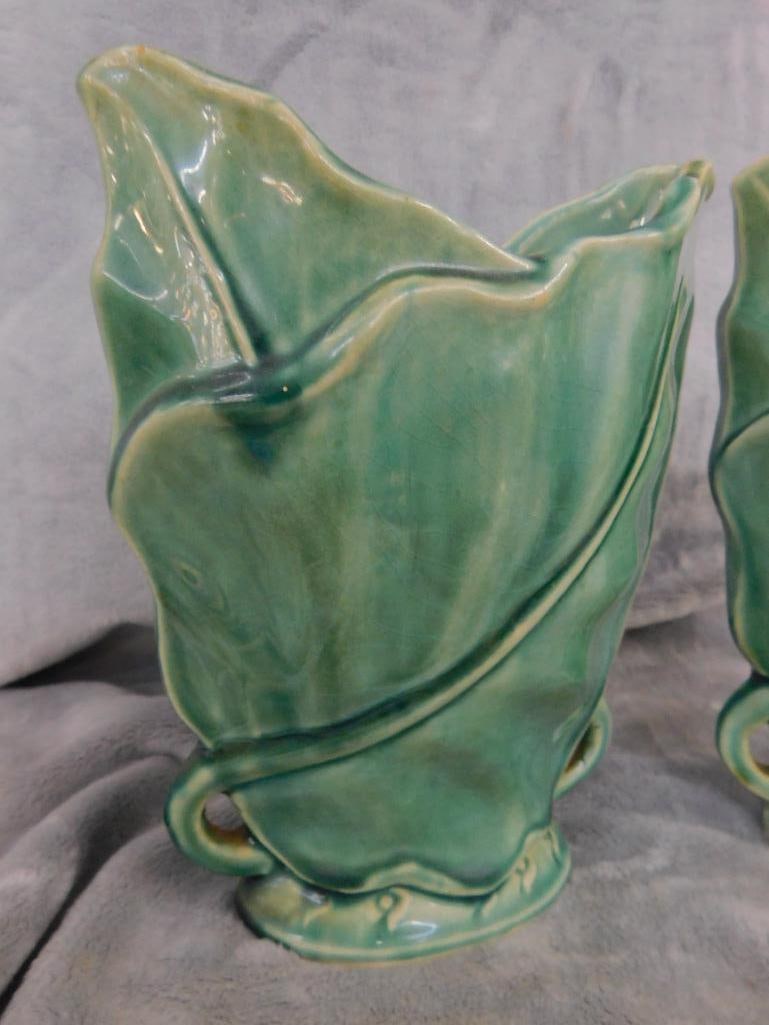 Pair of Matching Vintage Pottery Vases - Green Glaze - Signed Brushed USA 604 - 2