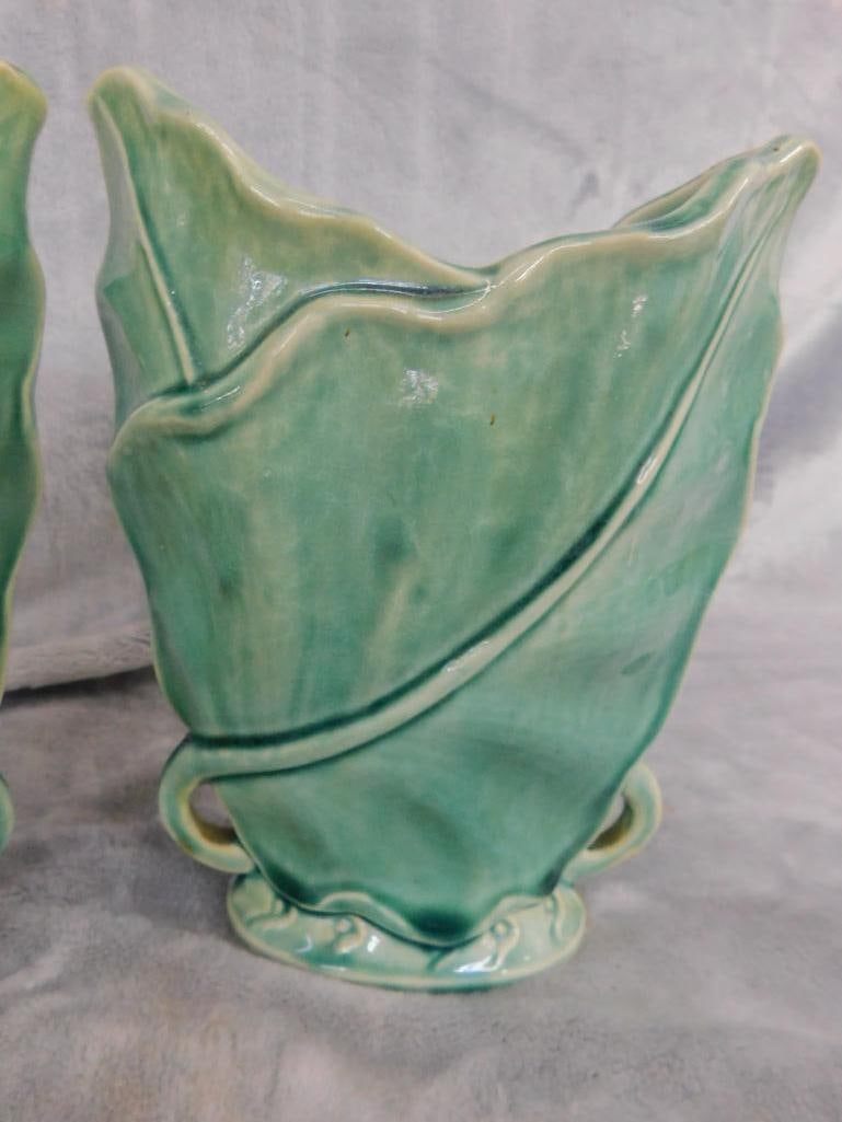 Pair of Matching Vintage Pottery Vases - Green Glaze - Signed Brushed USA 604 - 3