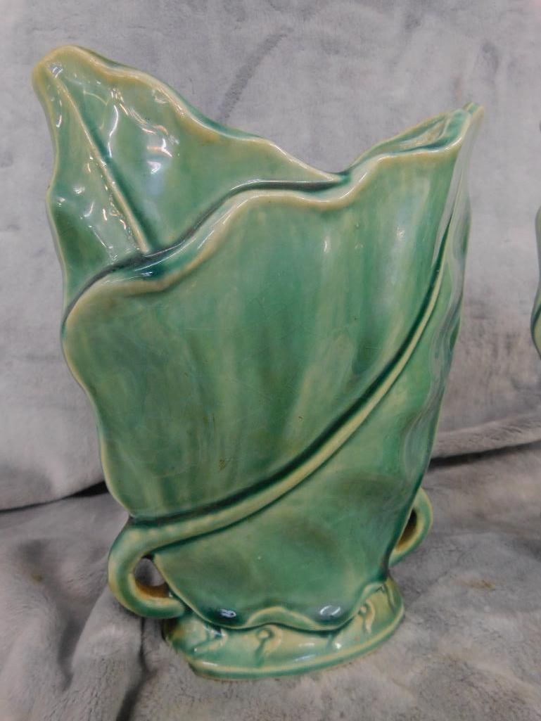 Pair of Matching Vintage Pottery Vases - Green Glaze - Signed Brushed USA 604 - 4