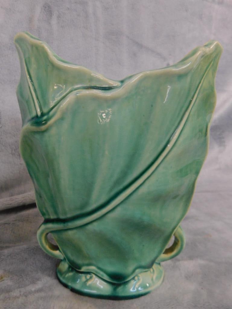Pair of Matching Vintage Pottery Vases - Green Glaze - Signed Brushed USA 604 - 5