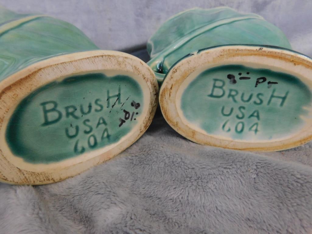 Pair of Matching Vintage Pottery Vases - Green Glaze - Signed Brushed USA 604 - 6