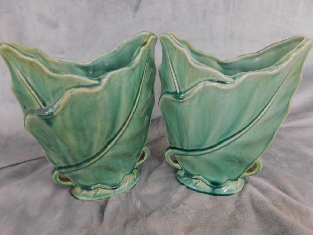 Pair of Matching Vintage Pottery Vases - Green Glaze - Signed Brushed USA 604 - 7