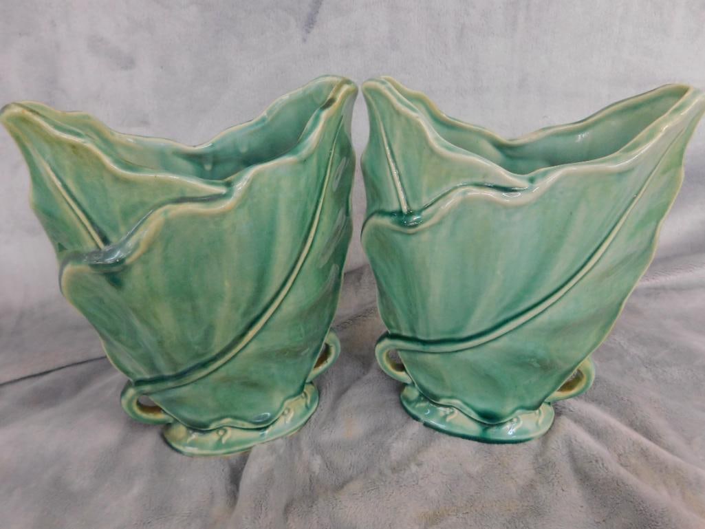 Pair of Matching Vintage Pottery Vases - Green Glaze - Signed Brushed USA 604 - 8