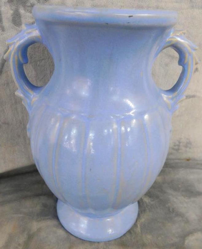 USA Pottery Double Handled Vase - Sky Blue Glaze - 12.5" x 10" x 8": See Photos For Condition and Details