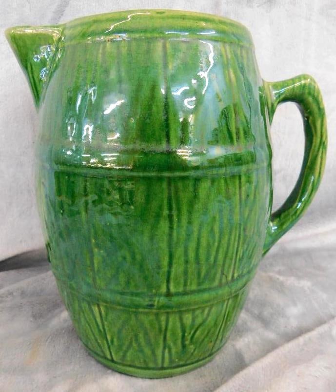 USA Pottery Pitcher - Barrel - Green Glaze - 8.5" x 8.5" x 6": See Photos For Condition and Details