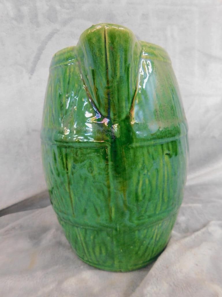 USA Pottery Pitcher - Barrel - Green Glaze - 8.5" x 8.5" x 6" - 2