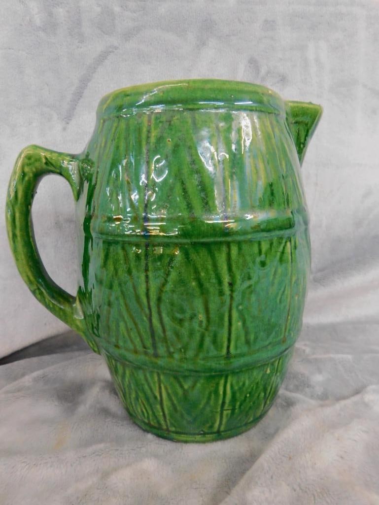 USA Pottery Pitcher - Barrel - Green Glaze - 8.5" x 8.5" x 6" - 3