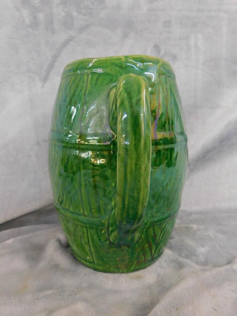 USA Pottery Pitcher - Barrel - Green Glaze - 8.5" x 8.5" x 6" - 4