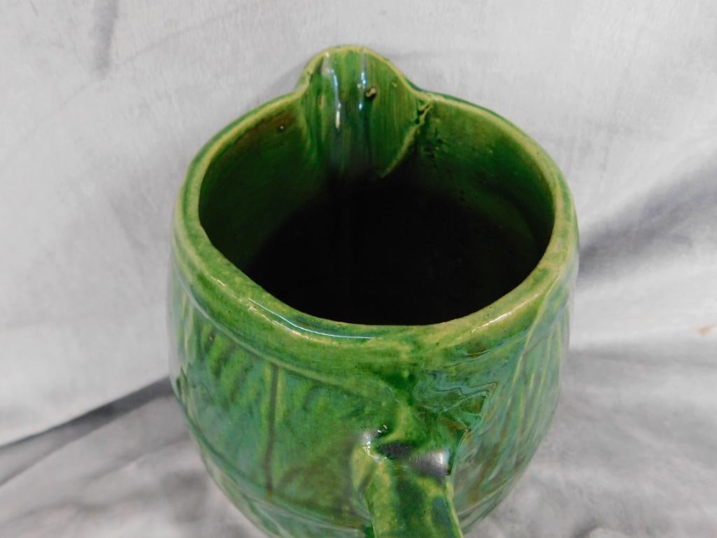 USA Pottery Pitcher - Barrel - Green Glaze - 8.5" x 8.5" x 6" - 5