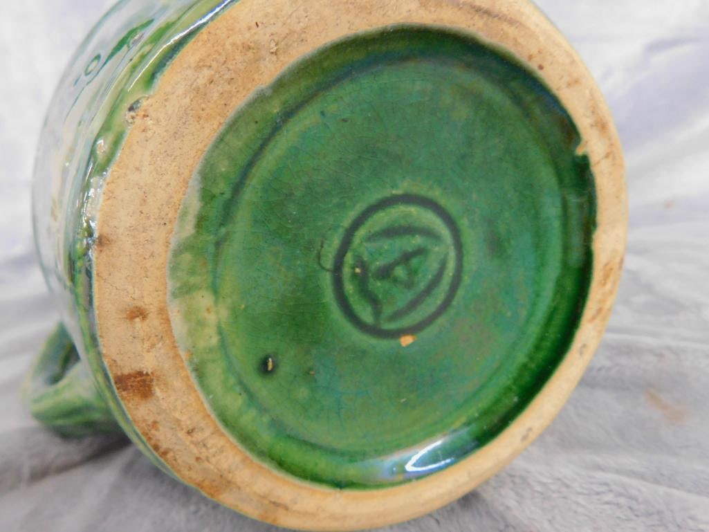 USA Pottery Pitcher - Barrel - Green Glaze - 8.5" x 8.5" x 6" - 6