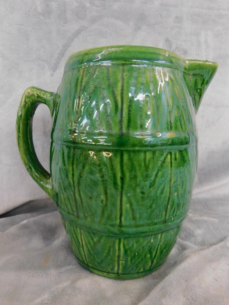 USA Pottery Pitcher - Barrel - Green Glaze - 8.5" x 8.5" x 6" - 7