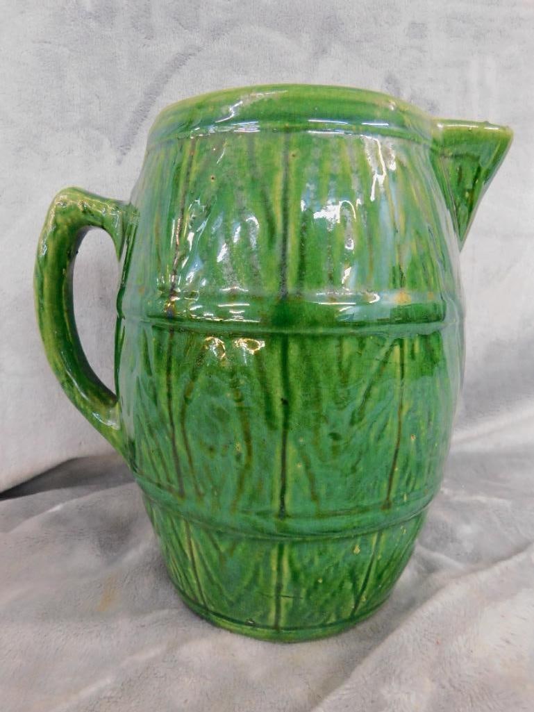 USA Pottery Pitcher - Barrel - Green Glaze - 8.5" x 8.5" x 6" - 8