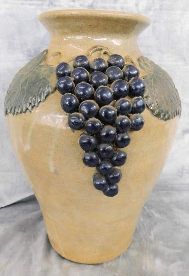 Studio Art Pottery Vase - Grape Theme - Unsigned - 15.5" x 10.5": See Photos For Condition and Details