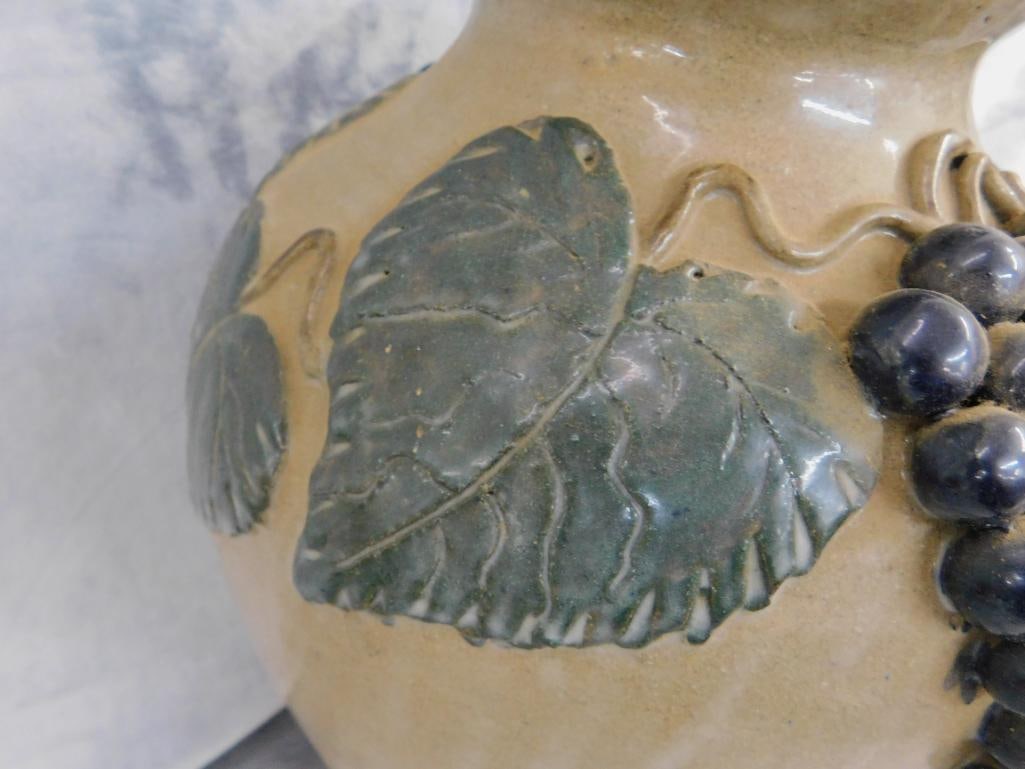 Studio Art Pottery Vase - Grape Theme - Unsigned - 15.5" x 10.5" - 2