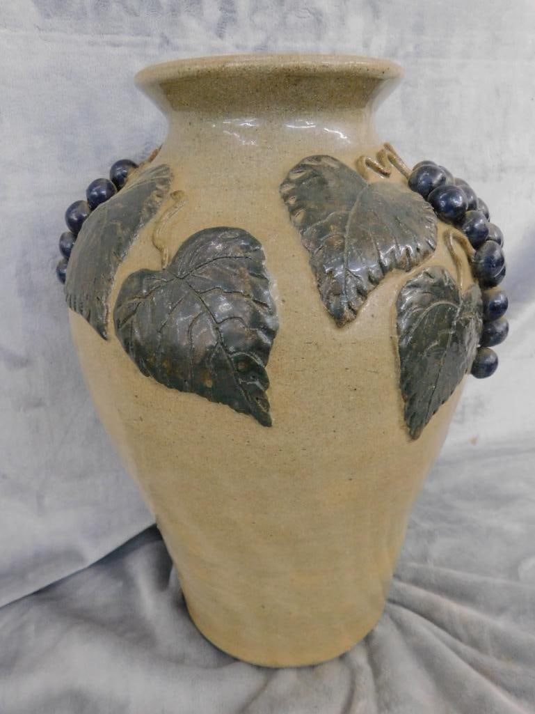 Studio Art Pottery Vase - Grape Theme - Unsigned - 15.5" x 10.5" - 7