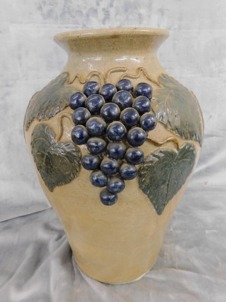 Studio Art Pottery Vase - Grape Theme - Unsigned - 15.5" x 10.5" - 8