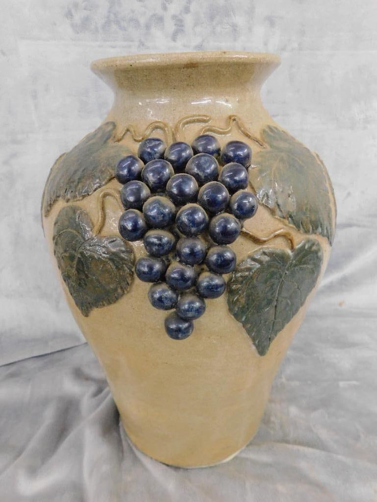 Studio Art Pottery Vase - Grape Theme - Unsigned - 15.5" x 10.5" - 9